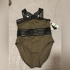 Kenneth Cole Olive and Black Strappy One-Piece Swimsuit